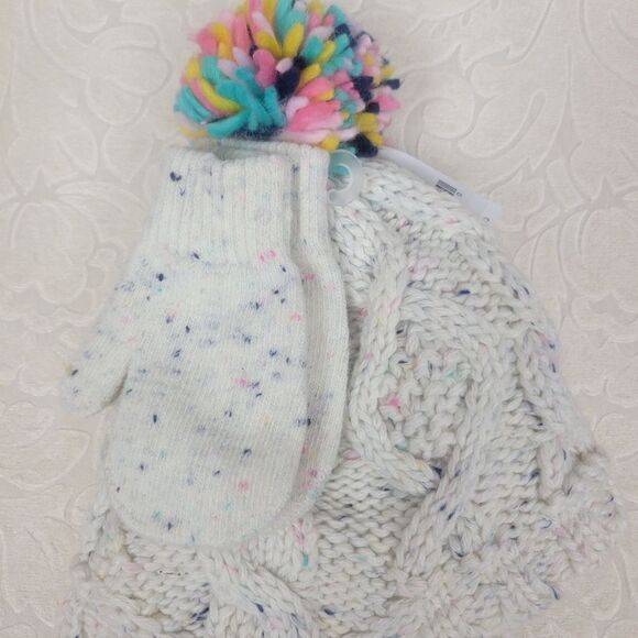 Carter's Baby White Multicolor Pom-Pom Knit Hat and Mittens 12-24 months - Picture 1 of 4